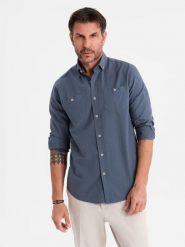 Męska koszula lniana z klasycznym kołnierzykiem i kieszeniami REGULAR FIT – niebieska V4 - Rozmiar: XXL. Niebieskie koszule męskie Ombre Clothing, na lato, l, z aplikacjami, z bawełny, bez kołnierzyka, bez ramiączek. W wyprzedaży za 164.99 zł.
