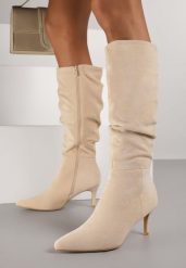 Beżowe Kozaki z Imitacji Zamszu na Szpilce z Marszczoną Cholewką Rilareia. Brązowe kozaki damskie Born2be, z jeansu, bez obcasa, na obcasie. Za 149.99 zł.