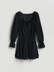 Sukienka mini z falbanami - czarny. Czarne sukienki damskie Reserved, l, bez wzorów, z dzianiny, bez kołnierzyka, bez ramiączek, mini, rozkloszowane. Za 99.99 zł.