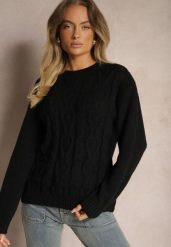 Czarny Sweter z Wełną Ozdobnym Splotem i Ściągaczem Nariae. Czarne swetry klasyczne damskie Renee, uniwersalny, z jeansu, bez kołnierzyka. Za 59.99 zł.