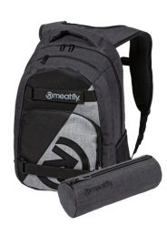 Plecak z paskami na deskorolkę 24L – szary Meatfly + piórnik. Szare plecaki damskie Meatfly, bez wzorów, z materiału, sportowe. Za 237.99 zł.