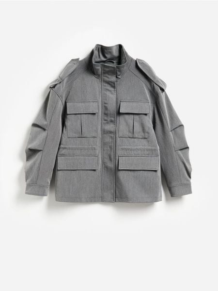 Kurtka cargo oversize - ciemnoszary. Szare kurtki damskie Reserved, l, bez wzorów, z tkaniny, bez kaptura. Za 379.99 zł.