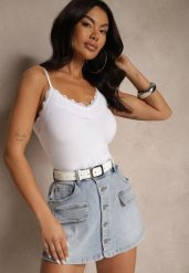 Biały Top na Ramiączkach z Bawełny Zdobiony Koronką Saviune. Białe topy damskie Renee, l, z aplikacjami, z bawełny, bez kołnierzyka. Za 24.99 zł.