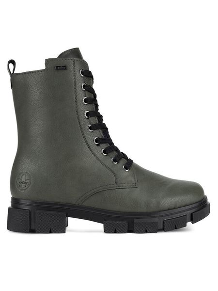Rieker Botki Y7102-52 Zielony. Zielone botki damskie Rieker, z materiału, bez obcasa, na płaskiej podeszwie, bez zapięcia. Za 299.99 zł.
