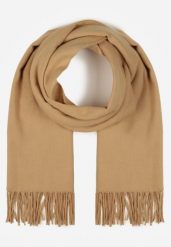Ciemnobeżowy Gładki Szalik z Frędzlami Vetiela. Brązowe szaliki i kominy damskie Born2be, na zimę, bez wzorów, z jeansu. Za 34.99 zł.