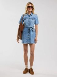 Sukienka damska mini jeansowa z krótkim rękawem niebieska Josie 304. Niebieskie sukienki damskie Big Star, na lato, l, bez wzorów, z denimu, klasyczne, bez kołnierzyka, bez ramiączek, mini, dopasowane. W wyprzedaży za 259.99 zł.