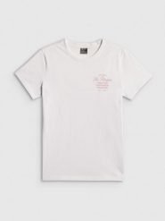 4F T-shirt regular z nadrukiem damski - biały S. Białe t-shirty damskie 4f, s, bez wzorów, z bawełny, bez kołnierzyka. Za 59.99 zł.