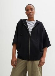 Bluza peleryna rozpinana ze zrównoważonej bawełny. Czarne bluzy z kapturem damskie bonprix, z bawełny. Za 149.99 zł.