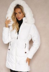 Biała Zimowa Kurtka Pikowana z Kapturem z Futrem i Kieszeniami Salianna. Białe kurtki damskie Renee, na zimę, l, bez wzorów, z futra, z kapturem. Za 229.99 zł.