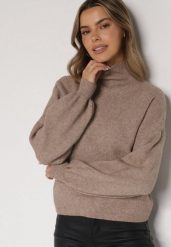 Beżowy Golf z Bufiastymi Rękawami Wedelia. Brązowe golfy damskie Born2be, l, bez wzorów, z jeansu, bez ramiączek. Za 69.99 zł.