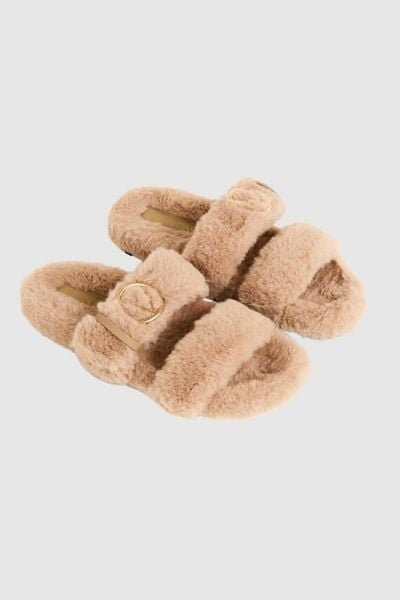 VALENTINO Beżowe klapki damskie z syntetycznego futerka, Rozmiar 40. Brązowe klapki damskie Valentino by Mario Valentino, bez wzorów, z syntetyku, bez obcasa. W wyprzedaży za 475.99 zł.