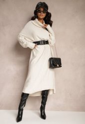 Jasnobeżowa Sweterkowa Sukienka z Wiskozą z Golfem i Eleganckimi Rozcięciami Elettrina. Brązowe sukienki damskie Renee, na co dzień, s, bez wzorów, z wiskozy, eleganckie, bez kołnierzyka, bez ramiączek, midi. Za 94.99 zł.