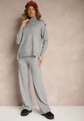 Szary Komplet z Wiskozą i Modalem Spodnie o Szerokim Kroju i Golf Ozdobiony Guzikami Sassifra. Szare golfy damskie Renee, bez wzorów, z materiału, eleganckie. Za 159.99 zł.