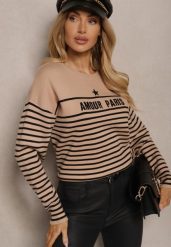 Beżowy Sweter z Bawełną Ozdobiony Haftowanym Napisem i Paskami Zeanika. Brązowe swetry klasyczne damskie Renee, z bawełny, bez kołnierzyka. Za 79.99 zł.