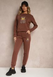 Brązowy Ocieplany Komplet Dresowy z Bawełny Zdobiony Cyrkoniami Bluza i Spodnie z Gumką Nelionis. Brązowe bluzy bez kaptura damskie Renee, m, z bawełny. Za 84.99 zł.