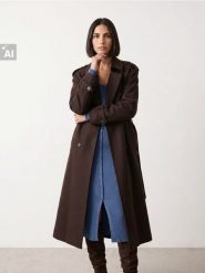 Dwurzędowy płaszcz loose fit z paskiem - brązowy. Brązowe płaszcze damskie Sinsay, l, bez wzorów. Za 139.99 zł.
