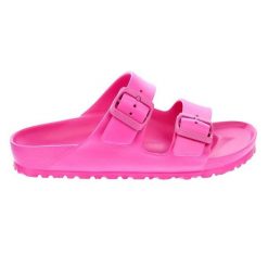 Klapki damskie Birkenstock Arizona Eva. Czerwone klapki damskie Birkenstock, bez wzorów, z materiału, bez obcasa. Za 334.00 zł.