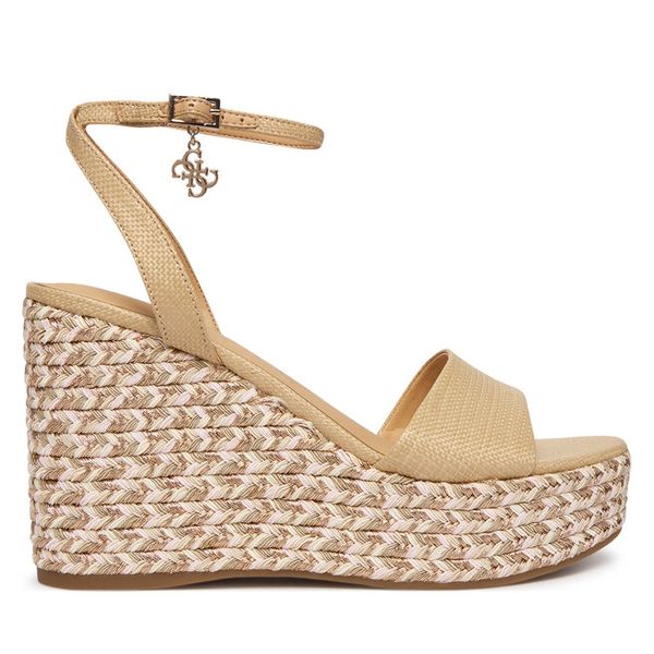 Sandały Guess. Brązowe sandały damskie Guess, z aplikacjami, bez obcasa, na koturnie. Za 679.99 zł.