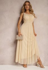 Beżowa Koktajlowa Sukienka z Tiulowym Dołem Bez Rękawów Elastar. Brązowe sukienki damskie Renee, na wesele, m, bez wzorów, z tiulu, eleganckie, bez kołnierzyka, bez ramiączek, maxi. W wyprzedaży za 62.99 zł.