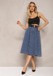 Niebieska Rozkloszowana Spódnica Jeansowa Midi z Paskiem Wendlla. Niebieskie spódniczki damskie Renee, l, bez wzorów, z jeansu, midi, rozkloszowane. Za 159.99 zł.