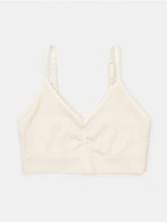 Prążkowany biustonosz bralette z regulowanymi ramiączkami i marszczeniem - biały. Białe biustonosze Sinsay, bez wzorów, prążkowane. Za 12.99 zł.