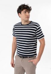 T-shirt w paski TM-HARALD. Niebieskie t-shirty męskie Volcano, m, bez wzorów, z bawełny, bez kołnierzyka. Za 79.99 zł.