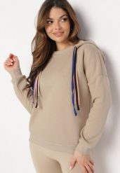 Beżowa Bluza z Kapturem i Ozdobnymi Sznurkami Cebele. Brązowe bluzy z kapturem damskie Born2be, z bawełny. Za 99.99 zł.