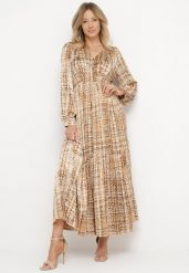 Brązowa Sukienka Maxi z Gumką w Talii i Plisowanym Dołem w Tweedowy Wzór Viostana. Brązowe sukienki damskie Born2be, na co dzień, l, bez wzorów, eleganckie, bez kołnierzyka, bez ramiączek, maxi, plisowane. W wyprzedaży za 135.99 zł.