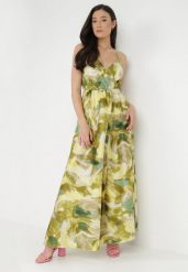 Żółto-Zielona Sukienka Orissa. Zielone sukienki damskie Born2be, na co dzień, na lato, bez wzorów, z tkaniny, bez kołnierzyka, bez ramiączek, maxi, kopertowe. Za 109.99 zł.