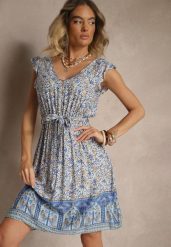 Niebieska Rozkloszowana Sukienka z Wiskozy z Wiązanym Paskiem Sepelise. Niebieskie sukienki damskie Renee, na spacer, m, bez wzorów, z wiskozy, eleganckie, bez kołnierzyka, bez ramiączek, mini, rozkloszowane. W wyprzedaży za 38.49 zł.