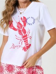 Bawełniana koszulka z nadrukiem wakacyjnym z motywem raka - biały. Białe t-shirty damskie Sinsay, l, bez wzorów, z bawełny, bez kołnierzyka. Za 25.99 zł.