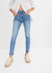Dżinsy Skinny mid waist, cropped. Niebieskie jeansy damskie bonprix. Za 132.99 zł.