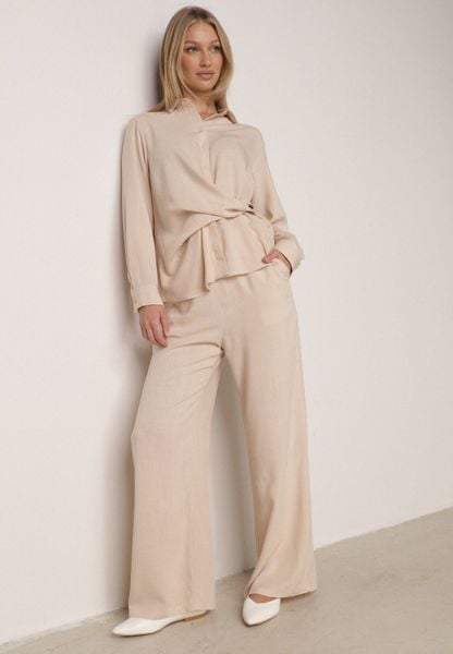 Beżowy Wiskozowy Komplet Asymetryczna Koszula i Spodnie z Kieszeniami Moneia. Brązowe koszule damskie Born2be, bez wzorów, z wiskozy, eleganckie. Za 159.99 zł.