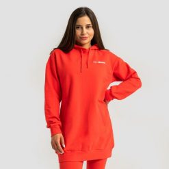 Bluza damska fitness z kapturem długa czerwona Limitless Longline. Czerwone bluzy sportowe damskie GYMBEAM, l, bez wzorów, z bawełny, bez ramiączek, długie, z kapturem. Za 127.90 zł.