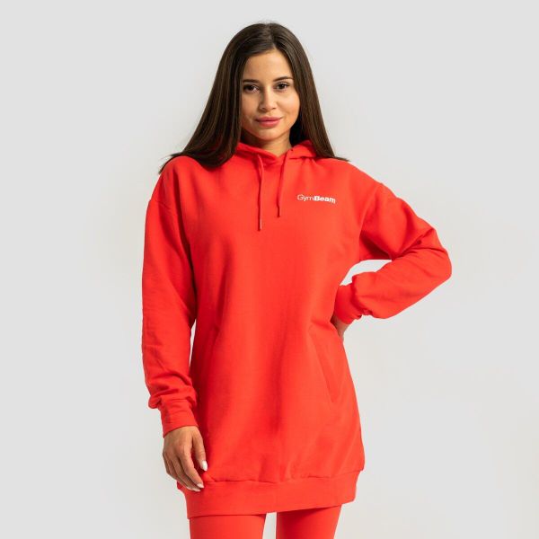 Bluza damska fitness z kapturem długa czerwona Limitless Longline. Czerwone bluzy sportowe damskie GYMBEAM, l, bez wzorów, z bawełny, bez ramiączek, długie, z kapturem. Za 127.90 zł.