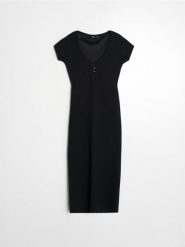 Dzianinowa sukienka midi w paski z wiskozą - czarny. Czarne sukienki damskie Sinsay, l, bez wzorów, z dzianiny, bez kołnierzyka, bez ramiączek, midi. Za 39.99 zł.