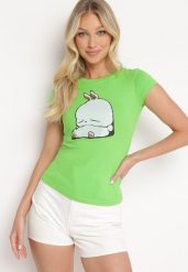 Jasnozielony Bawełniany T-shirt z Ozdobnym Nadrukiem Ianestra. Zielone t-shirty damskie Born2be, m, bez wzorów, z bawełny, bez kołnierzyka. Za 34.99 zł.
