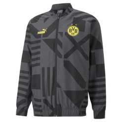 Kurtka Prematch Borussia Dortmund 2022/23. Czarne kurtki męskie Puma, s, z aplikacjami, z materiału, bez kaptura. Za 197.90 zł.