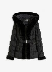 Kurtka pikowana ze sztucznym futerkiem. Czarne kurtki damskie bonprix, na zimę, bez wzorów, bez kaptura. Za 329.99 zł.