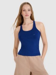 4F Top slim gładki damski - granatowy S. Niebieskie topy damskie 4f, s, bez wzorów, z bawełny, bez kołnierzyka. W wyprzedaży za 29.99 zł.