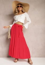 Czerwona Rozkloszowana Spódnica Maxi z Wiskozy z Materiałowymi Paskami Wintelis. Czerwone spódniczki damskie Renee, na lato, l, bez wzorów, z materiału, eleganckie, maxi, dopasowane. Za 44.99 zł.