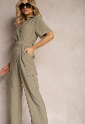 Ciemnozielony Długi Kombinezon w Stylu Utility z Kieszeniami Cargo Paskiem i Kołnierzykiem Qillilena. Zielone kombinezony damskie Renee, l, bez wzorów, eleganckie, bez kołnierzyka, bez ramiączek, długie. Za 149.99 zł.