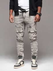 Męskie jeansowe spodnie joggery z przetarciami i zamkami – szare V4 OM-PADJ-0243 - XXL. Szare spodnie materiałowe męskie Ombre Clothing, bez wzorów, z bawełny, klasyczne. Za 161.99 zł.