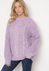 Fioletowy Sweter z Wełną z Ozdobnym Splotem Abrenevia. Fioletowe swetry klasyczne damskie Born2be, na zimę, z wełny, bez kołnierzyka. Za 74.99 zł.