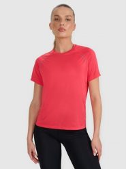 4F Koszulka do biegania regular szybkoschnąca damska - czerwona S. Czerwone bluzki sportowe damskie 4f, s, bez wzorów, z materiału, bez ramiączek. Za 119.99 zł.
