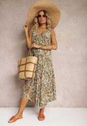 Zielono-Beżowa Sukienka z Wiskozy o Rozkloszowanym Kroju Bez Rękawów Fradea. Zielone sukienki damskie Renee, na co dzień, na lato, l, bez wzorów, z jeansu, eleganckie, bez kołnierzyka, bez ramiączek, midi, rozkloszowane. Za 79.99 zł.