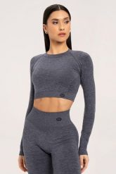Koszulka fitness damska Gym Glamour z długim rękawem seamless. Zielone bluzki sportowe damskie GYM GLAMOUR, l, z materiału, bez kołnierzyka, bez ramiączek. Za 149.99 zł.