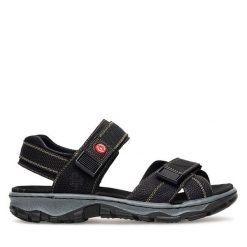 Sandały Rieker. Czarne sandały damskie Rieker, bez wzorów, bez obcasa, na płaskiej podeszwie. Za 259.99 zł.