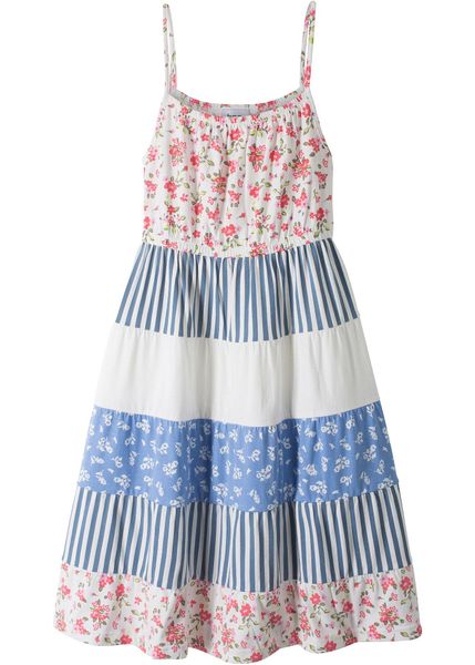 Sukienka z dżerseju z czystej bawełny organicznej. Białe sukienki dziewczęce bonprix, na lato, z aplikacjami, z bawełny, eleganckie, bez ramiączek, długie. Za 69.99 zł.