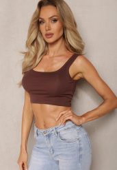 Brązowy Tank Top z Elastycznej Bawełny z Głębokim Dekoltem Omaliana. Brązowe topy damskie Renee, l, bez wzorów, z bawełny, bez kołnierzyka. Za 14.99 zł.